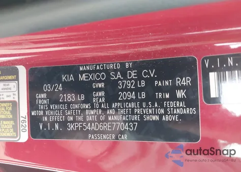 2024 Kia Forte Gt-Line z USA, uszkodzony, nr VIN 3KPF54AD6RE770437